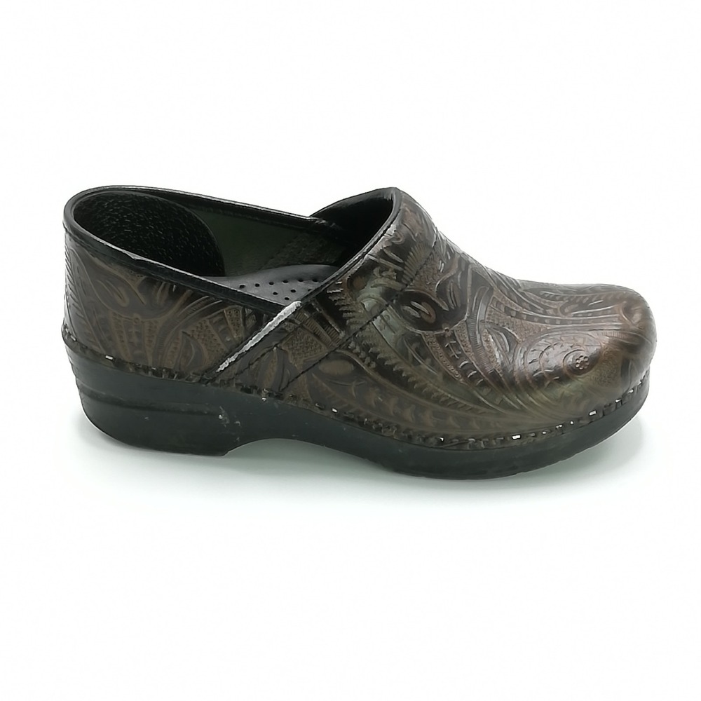 Dansko Shoes Womens Clogs Loafer Brown Leather Floral Embossed Stretch 39